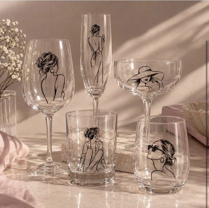 Exempelbild med stilrena glas dekorerade med kvinnliga illustrationer